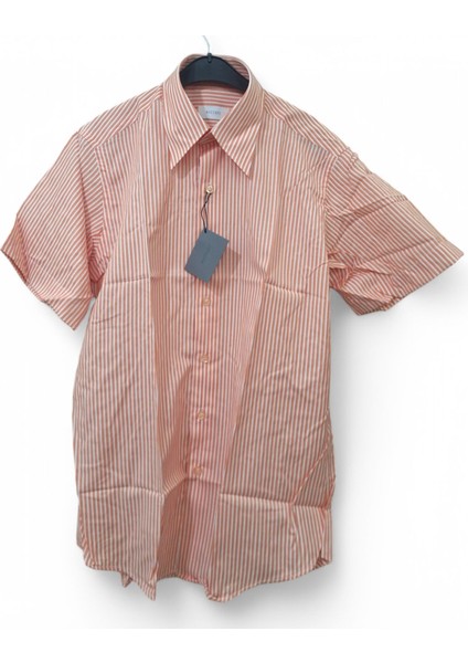 M BEDEN TURUNCU – BEYAZ ÇİZGİLİ PAMUKLU SLİM FİT KLASİK CEPSİZ KISAKOLLU ERKEK GÖMLEK