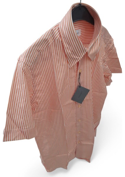 M BEDEN TURUNCU – BEYAZ ÇİZGİLİ PAMUKLU SLİM FİT KLASİK CEPSİZ KISAKOLLU ERKEK GÖMLEK fiyatları