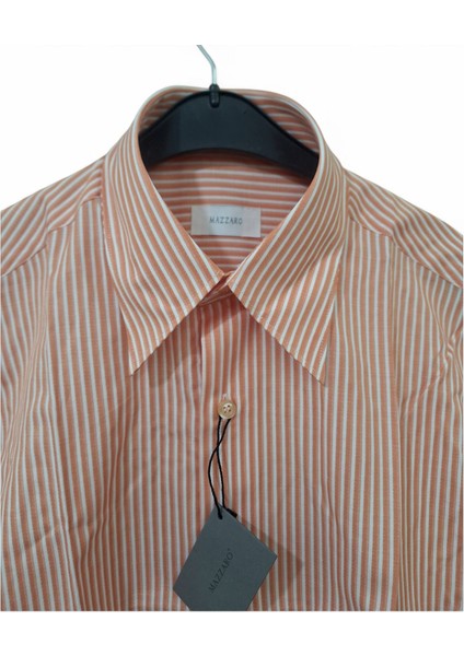 M BEDEN TURUNCU – BEYAZ ÇİZGİLİ PAMUKLU SLİM FİT KLASİK CEPSİZ KISAKOLLU ERKEK GÖMLEK modelleri