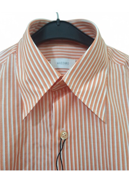 M BEDEN TURUNCU – BEYAZ ÇİZGİLİ PAMUKLU SLİM FİT KLASİK CEPSİZ KISAKOLLU ERKEK GÖMLEK fırsatları