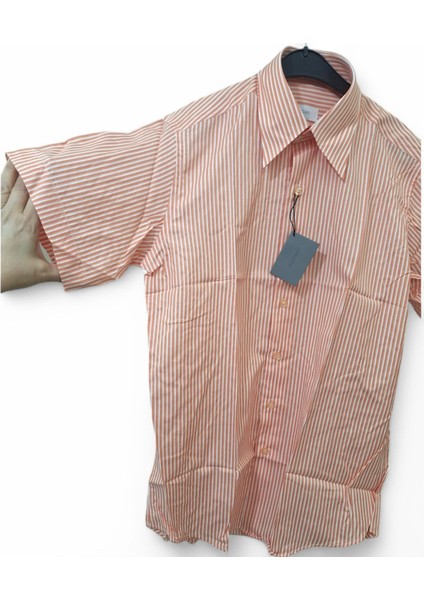 M BEDEN TURUNCU – BEYAZ ÇİZGİLİ PAMUKLU SLİM FİT KLASİK CEPSİZ KISAKOLLU ERKEK GÖMLEK indirimleri