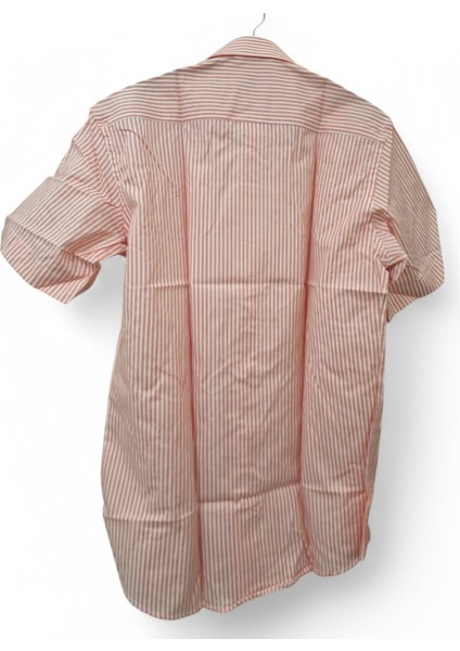 M BEDEN TURUNCU – BEYAZ ÇİZGİLİ PAMUKLU SLİM FİT KLASİK CEPSİZ KISAKOLLU ERKEK GÖMLEK