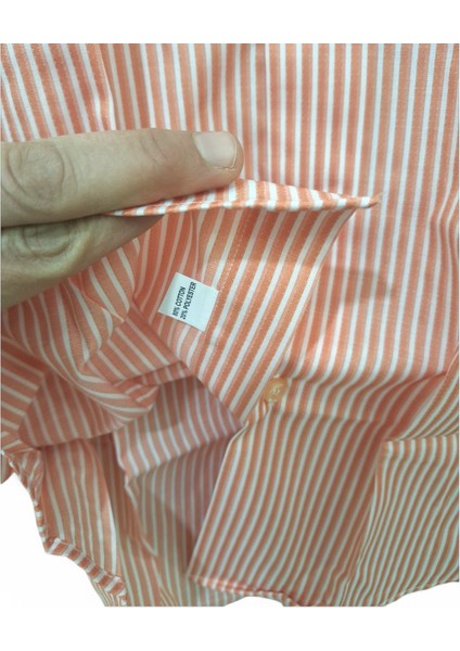 M BEDEN TURUNCU – BEYAZ ÇİZGİLİ PAMUKLU SLİM FİT KLASİK CEPSİZ KISAKOLLU ERKEK GÖMLEK