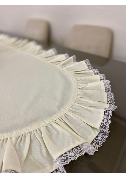 Keten Kumaş Fırfırlı Krem Renk Runner / Masa Örtüsü / Sehpa Örtüsü (Özel Ölçü Yapılır