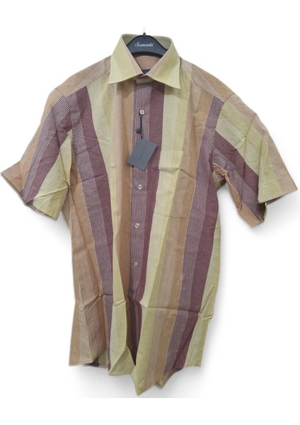 L BEDEN CEPLİ KAHVERENGİ - HARDAL PAMUKLU NORMAL KESİM RENK BLOKLU ÇİZGİLİ KISAKOLLU ERKEK GÖMLEK