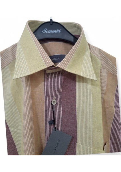 L BEDEN CEPLİ KAHVERENGİ - HARDAL PAMUKLU NORMAL KESİM RENK BLOKLU ÇİZGİLİ KISAKOLLU ERKEK GÖMLEK fiyatları