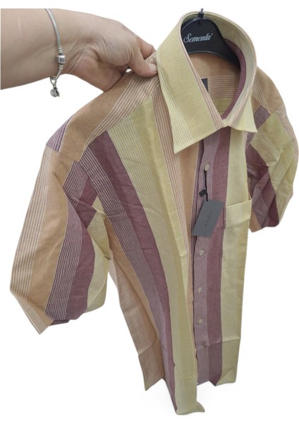 L BEDEN CEPLİ KAHVERENGİ - HARDAL PAMUKLU NORMAL KESİM RENK BLOKLU ÇİZGİLİ KISAKOLLU ERKEK GÖMLEK modelleri