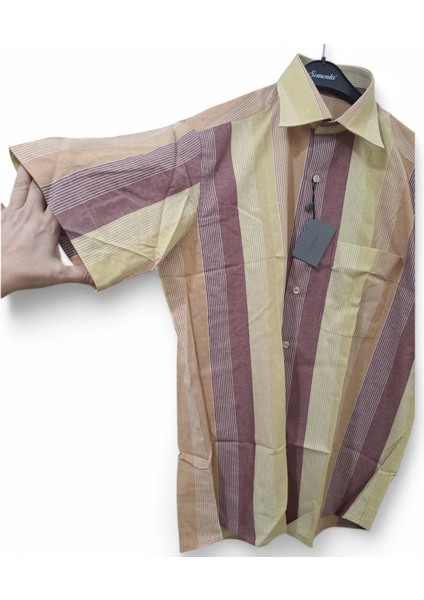 L BEDEN CEPLİ KAHVERENGİ - HARDAL PAMUKLU NORMAL KESİM RENK BLOKLU ÇİZGİLİ KISAKOLLU ERKEK GÖMLEK indirimleri