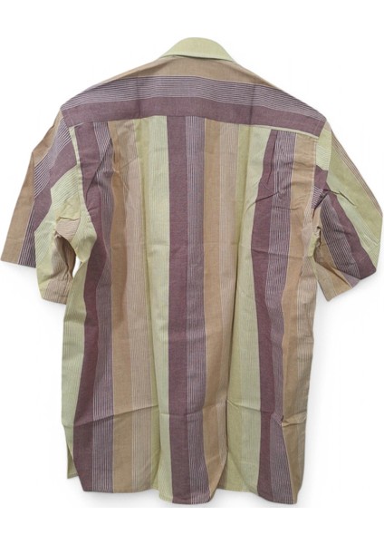 L BEDEN CEPLİ KAHVERENGİ - HARDAL PAMUKLU NORMAL KESİM RENK BLOKLU ÇİZGİLİ KISAKOLLU ERKEK GÖMLEK