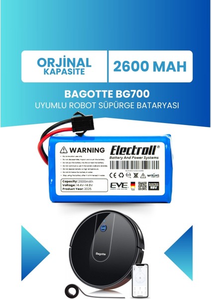 Bagotte Bg700 Uyumlu Batarya (ORJİNAL KAPASİTE) 2600mah Pil Robot Süpürge Batarya Değişimi