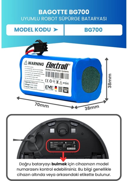 Bagotte Bg700 Uyumlu Batarya (ORJİNAL KAPASİTE) 2600mah Pil Robot Süpürge Batarya Değişimi fiyatları