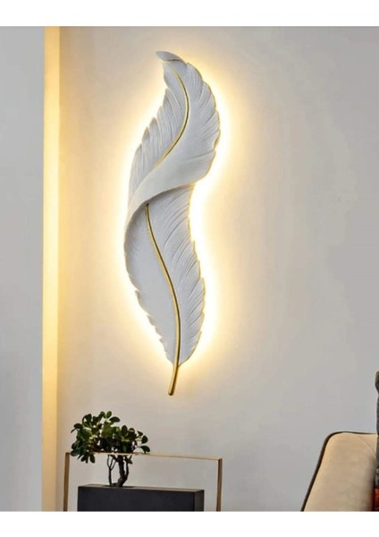 Led'li Tüy Aplik, Duvar Dekoru, 60x16, Beyaz, Pilli, Modern ve Şık Tasarım