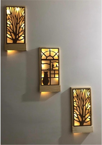 3'lü LED Ahşap Tablo, Piller Dahil, Duvar Dekor, 36x18, Doğa Temalı, Sıcak Sarı Ton