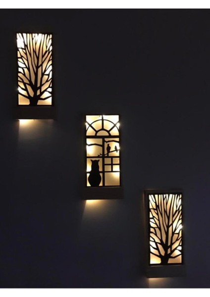 3'lü LED Ahşap Tablo, Piller Dahil, Duvar Dekor, 36x18, Doğa Temalı, Sıcak Sarı Ton