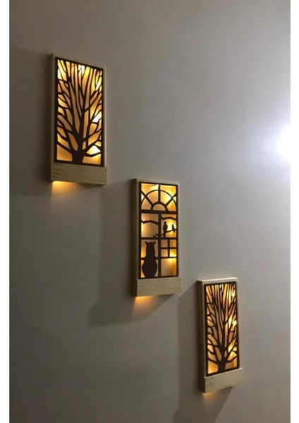 3'lü LED Ahşap Tablo, Piller Dahil, Duvar Dekor, 36x18, Doğa Temalı, Sıcak Sarı Ton