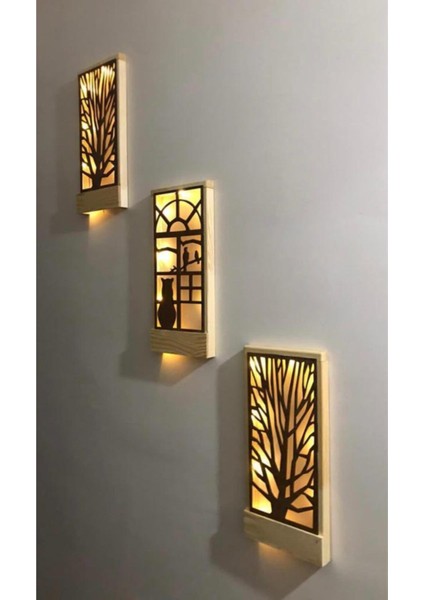 3'lü LED Ahşap Tablo, Piller Dahil, Duvar Dekor, 36x18, Doğa Temalı, Sıcak Sarı Ton