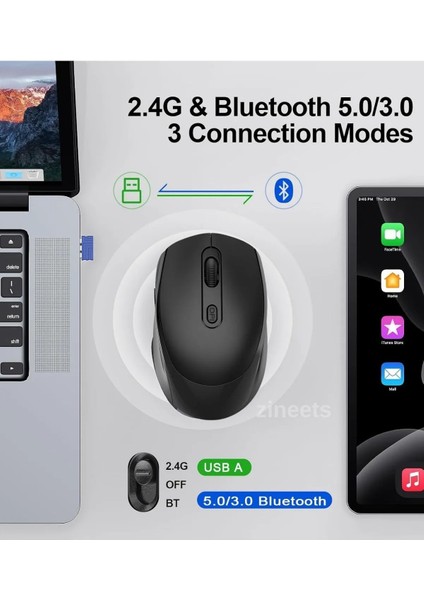 Çift Modlu Kablosuz Bluetooth Mouse Şarj Edilebilir Sessiz Tıklama Mouse Tablet Telefon Pc Uyumlu