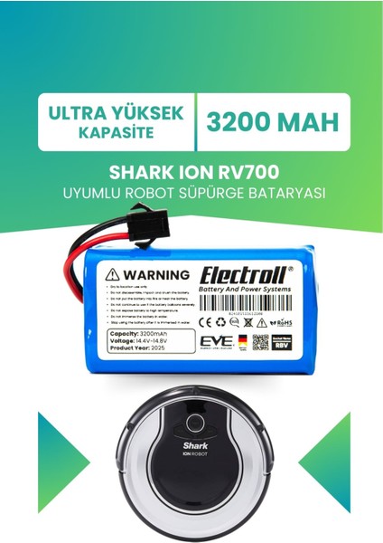 Shark Ion Rv700 Uyumlu Batarya (ULTRA YÜKSEK KAPASİTE) 3200mah Pil Robot Süpürge Bataryası