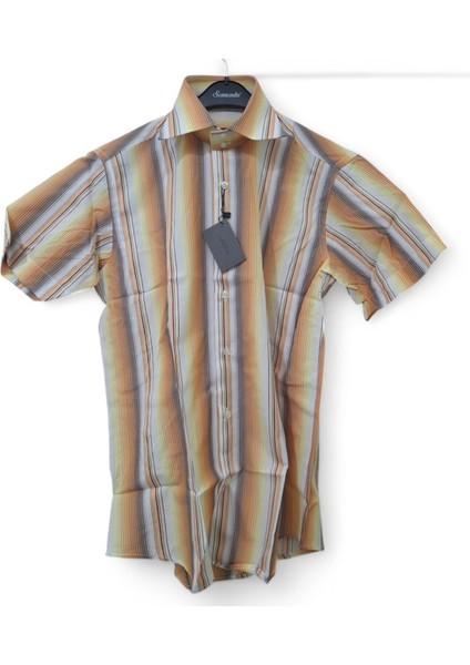 L BEDEN CEPLİ KAHVERENGİ - HARDAL PAMUKLU NORMAL KESİM RENK BLOKLU ÇİZGİLİ KISAKOLLU ERKEK GÖMLEK