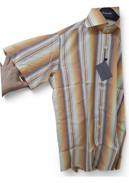 L BEDEN CEPLİ KAHVERENGİ - HARDAL PAMUKLU NORMAL KESİM RENK BLOKLU ÇİZGİLİ KISAKOLLU ERKEK GÖMLEK indirimleri