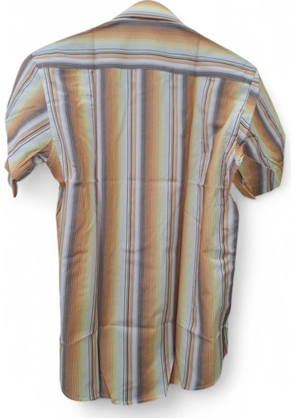 L BEDEN CEPLİ KAHVERENGİ - HARDAL PAMUKLU NORMAL KESİM RENK BLOKLU ÇİZGİLİ KISAKOLLU ERKEK GÖMLEK