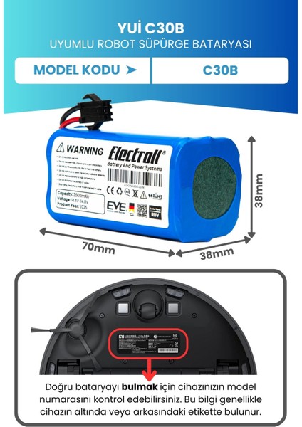 Yui C30b Batarya (ORJİNAL KAPASİTE) 2600mah Pil Akıllı Robot Süpürge Batarya Değişimi fiyatları