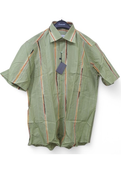 L BEDEN TEK CEPLİ YEŞİL PAMUKLU NORMAL KESİM RENK BLOKLU ÇİZGİLİ KISAKOLLU ERKEK GÖMLEK