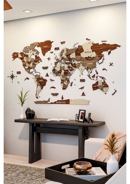3D Ahşap Dünya Haritası Duvar Dekoru, 5+ Parça, Şeffaf ve Şık Tasarım, Kahverengi indirimleri