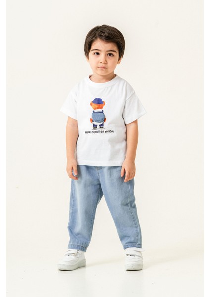 Teddy Tshirt Desenli Kot Pantolon Takım Beyaz
