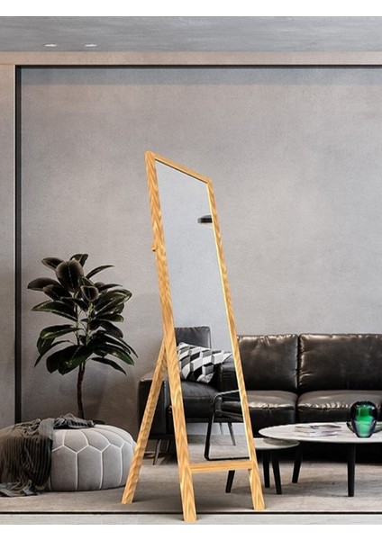 Natürel ahşap ayaklı büyük boy aynası 145x40cm, bej renk, şık ve doğal tasarım