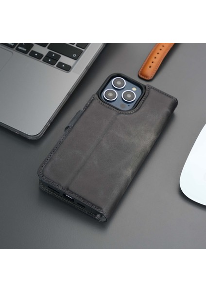 Casper Apple iPhone 15 Pro Max Deri Kılıf Magsafe Mıknatıslı Ayrılabilir Cüzdan-Gri