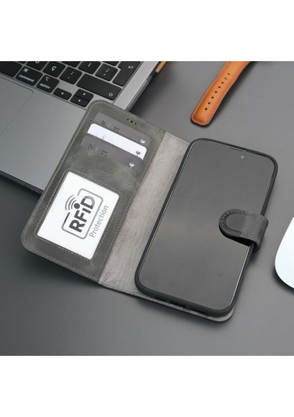 Casper Apple iPhone 15 Pro Max Deri Kılıf Magsafe Mıknatıslı Ayrılabilir Cüzdan-Gri