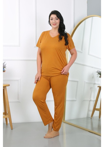 Modaserdem Akbeniz Kadın Büyük Beden Kısa Kol Penye Pijama Takımı Hardal 202405