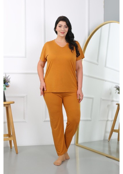 Modaserdem Akbeniz Kadın Büyük Beden Kısa Kol Penye Pijama Takımı Hardal 202405