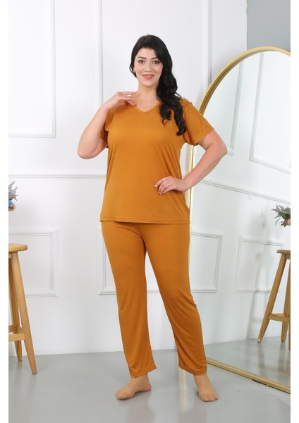 Modaserdem Akbeniz Kadın Büyük Beden Kısa Kol Penye Pijama Takımı Hardal 202405