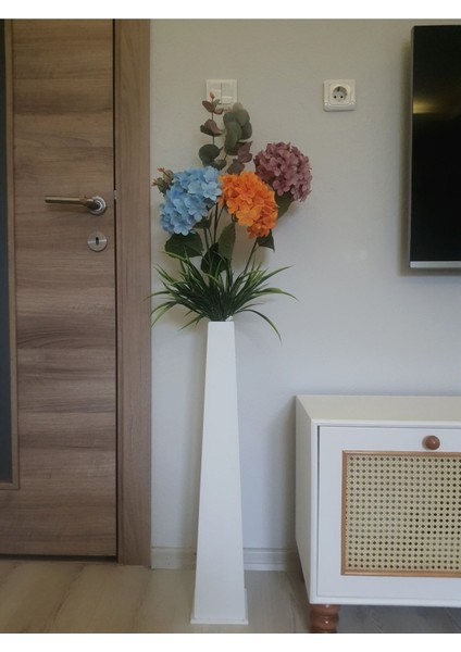 Ahşap Dekoratif Vazo, Çiçek, Pampas Vazosu 70 cm - Beyaz