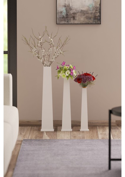 Ahşap Dekoratif Vazo, Çiçek, Pampas Vazosu 70 cm - Beyaz