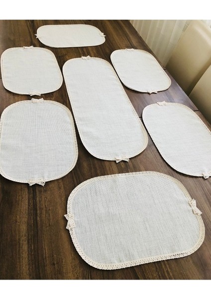 6 Kişilik Linen Kumaş Servis Takımı, Dikdörtgen, Krem, 5-8 Parça