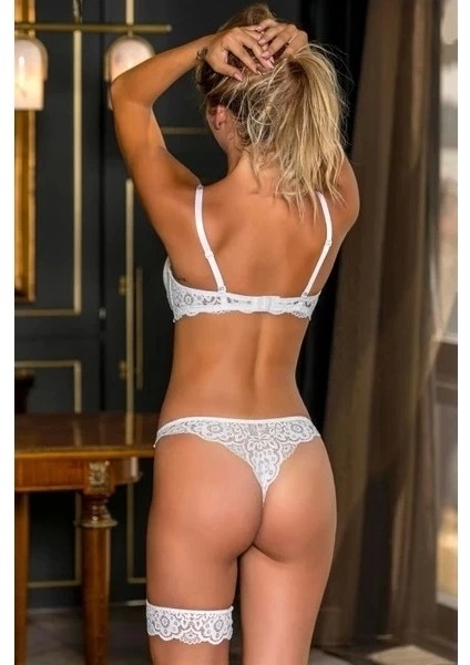 Kadın Ekru Straplez Sütyen, String ve Bacak Bandı Takım