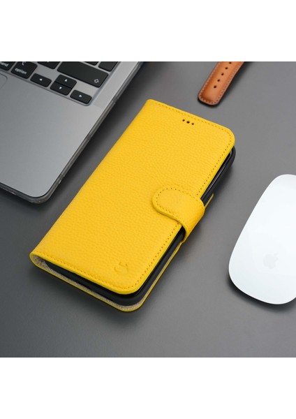 Casper iPhone 14 Pro Max Kılıf - El Yapımı Hakiki Deri - Manyetik Ayrılabilen Cüzdanlı Kılıf - Sarı