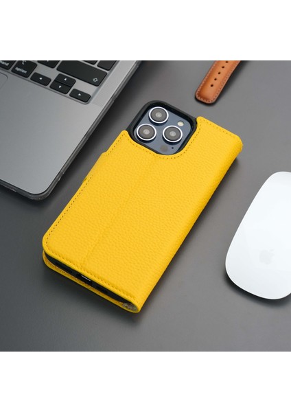 Casper iPhone 14 Pro Max Kılıf - El Yapımı Hakiki Deri - Manyetik Ayrılabilen Cüzdanlı Kılıf - Sarı