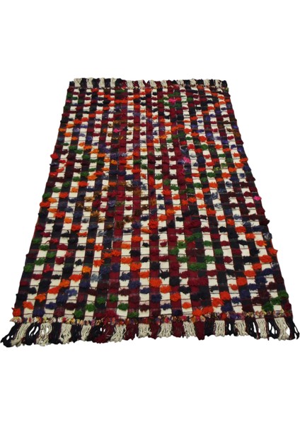 El Dokuma Yün Ekoseli Ponponlu Tülü Konya Yörük Kilimi 0063 - Yeni - Çok Renkli modelleri