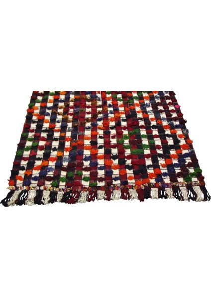 El Dokuma Yün Ekoseli Ponponlu Tülü Konya Yörük Kilimi 0063 - Yeni - Çok Renkli fırsatları