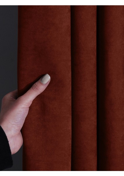 Kadife Dokulu Kiremit Rengi Pileli Ada Fon Perde