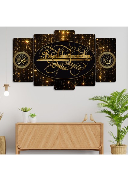 Sarı Besmele - Bismillahirrahmanirrahim - 5 Parçalı Tablo