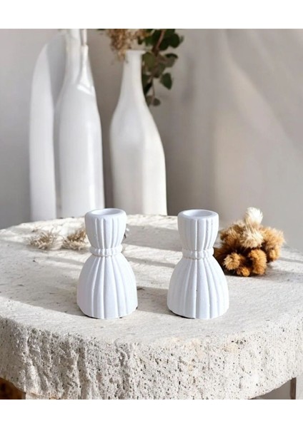 Modern beyaz çift şamdan, beton malzeme, 28x13 cm şık dekorasyon ürünü modelleri