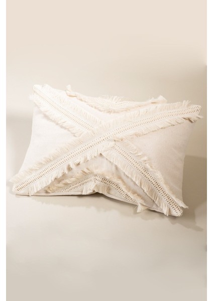 Keten Kırlent Kılıfı 35x55 cm, Bej, Çoklu Püsküllü, Şık ve Rahat Dekorasyon İçin