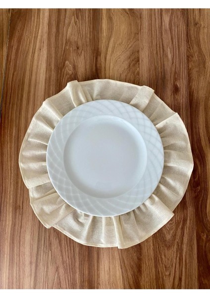 Bej yuvarlak keten Amerikan servis supla, 38x38 cm, şık ve doğal görünüm sağlar.
