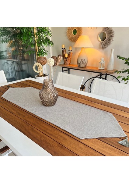 Gri keten dokulu dikdörtgen runner, 40x140 cm şık ve şeffaf tasarım