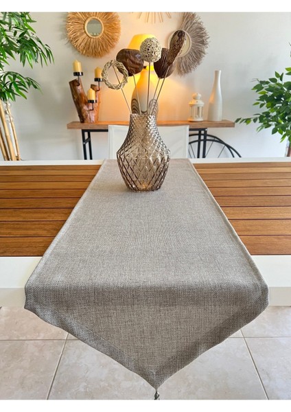 Gri keten dokulu dikdörtgen runner, 40x140 cm şık ve şeffaf tasarım
